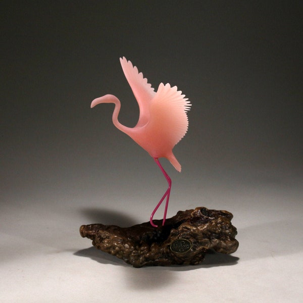 Flamingo Sculpture Figurine Statue by John Perry Flying 6in Long on Burlwood Decor