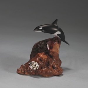 ORCA Sculpture  by John Perry 4in long Down tail version on burlwood Statue Figurine