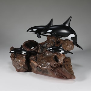 Orca Pod by John Perry 2 adults & 2 calves 9in long sculpture on burlwood base
