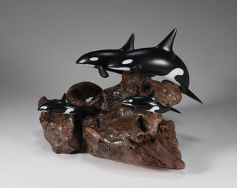 Orca Pod by John Perry 2 adults & 2 calves 9in long sculpture on burlwood base