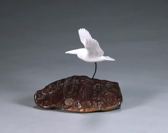 Pelican by John Perry 6in wingspan Pellucida Sculpture on burlwood base