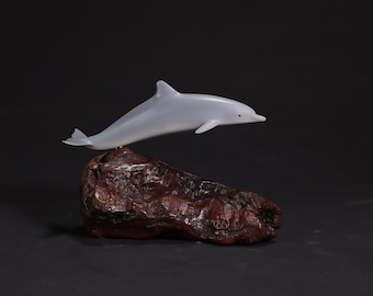 Dolphin Sculpture by John Perry 8in long Airbrushed on burlwood base Statue