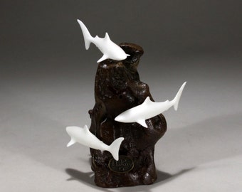 Shark trio by John Perry 5in tall airbrushed sculpture on burlwood Statue