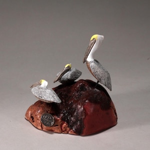 Pelican Trio Sculpture by John Perry 6in long on burlwood handpainted statue