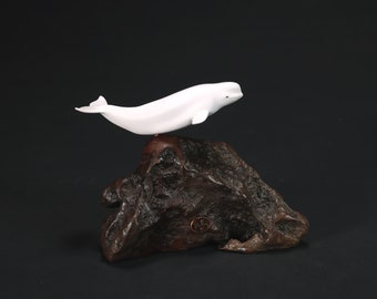 Beluga Whale Sculpture by John Perry 5in long on burlwood base Statue Figurine Art