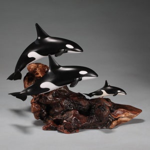 Orca Killer Whale Pod by John Perry 9 in long 2 adults and a calf sculpture on burlwood