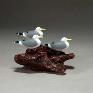 Seagull Sculpture  by John Perry Trio 6in long on burlwood Statue Decor Figurine
