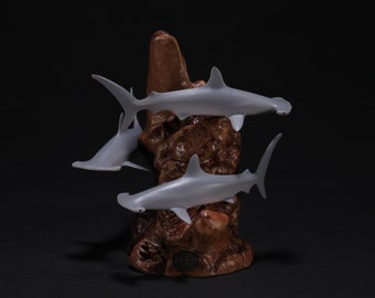 Shark Sculpture Figurine Statue by John Perry HAMMERHEAD TRIO on burlwood 7 inches tall