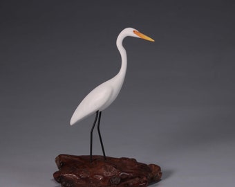 Egret Sculpture by John Perry 9in tall on polished burlwood base. Signed.