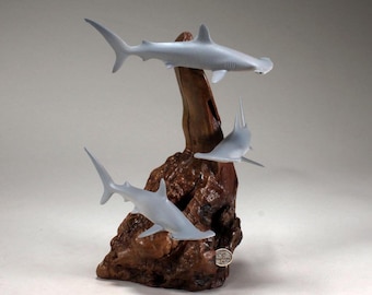 3 Hammerheads by John Perry 9 inch tall airbrushed sculpture on burlwood base