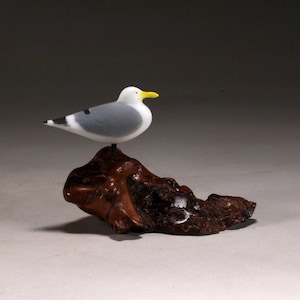 Seagull Sculpture by John Perry 3 inches long on burlwood Hand painted Figurine  Statue Decor