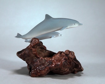 Dolphin & Calf by John Perry 7in long airbrushed sculpture Statue Figurine