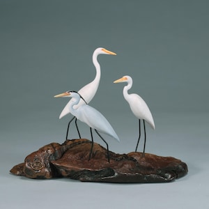 Blue Heron and Egrets by John Perry 7in long sculpture on burl base