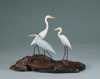 Blue Heron and Egrets by John Perry 7in long sculpture on polished burl base. Signed.
