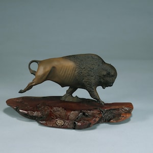 Buffalo Sculpture by John Perry 9in long Airbrushed on burlwood base