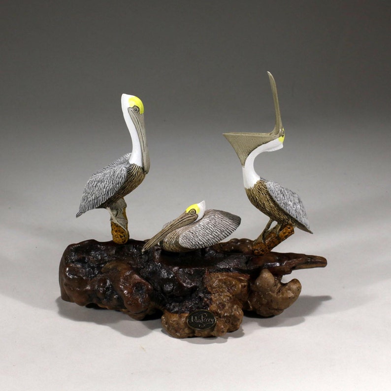 Triple Pelican Sculpture de John Perry 8in long Statue Art