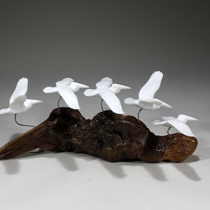 Pelican Flock by John Perry 11in long  Sculpture Décor Statue on burlwood
