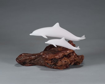 John Perry Dolphin Sculpture, Mother and Calf on Burl Base