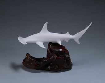 Hammerhead Shark by John Perry Pellucida 9 inches long on polished burlwood base. Signed.