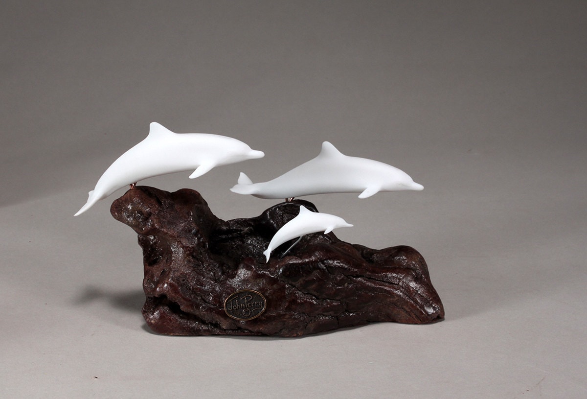 Dolphin Family Sculpture by John Perry 6in Long Pellucida on