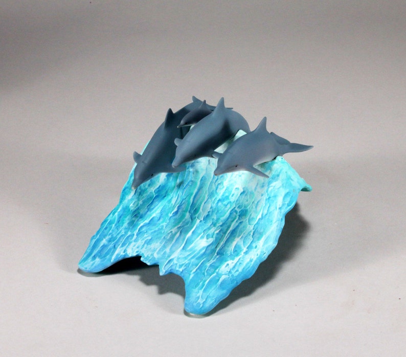 Dolphins Sculpture Decor Figurine by John Perry POD 8in Long Statue Airbrushed on blue wave