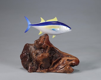 Tuna by John Perry 5 in long Airbrushed on polished burlwood base. Signed.