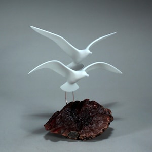 Seagull Duo Sculpture  by John Perry Duo 9in wing-span on Burlwood base. Signed.