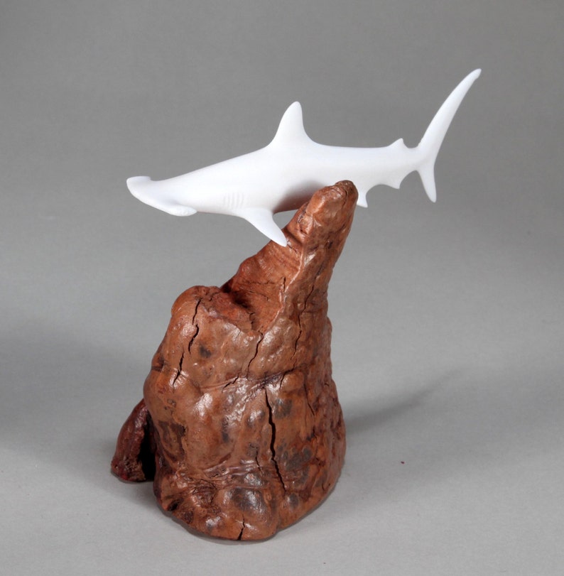 Hammerhead Shark Sculpture Figurine Decor by John Perry 6in Tall on Burlwood Statue image 3