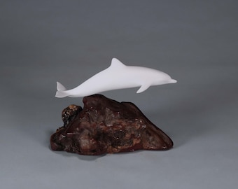 Dolphin Sculpture by John Perry 7in long Pellucida on burlwood base Statue