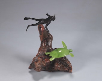 John Perry Sea Turtle & Diver Sculpture on Burlwood Base