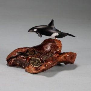 Orca Killer Whale Sculpture by John Perry 4in long Statue on burl base