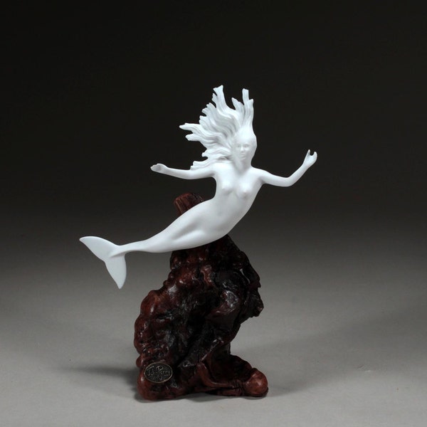 Mermaid Sculpture Figurine by John Perry 9 inch tall Pellucida on burlwood base