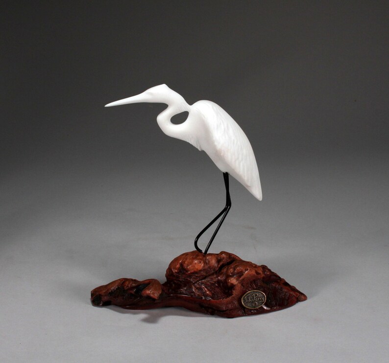 Egret Sculpture by John Perry 6 Inches Tall on Burlwood Base Etsy