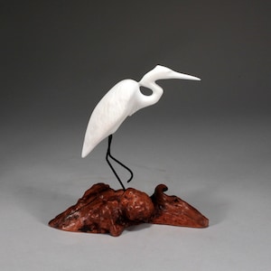 Egret Sculpture by John Perry 6 inches tall on burlwood Base direct from John Perry Studio