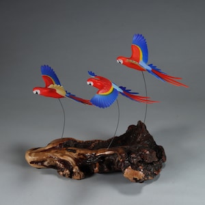 Macaw Parrot Trio Sculpture by John Perry Scarlet 7in long on burlwood base
