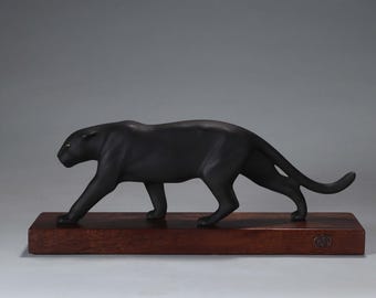Black Panther Jaguar Sculpture by John Perry 13in long Eyes painted Hardwood base. Signed.