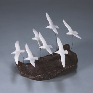 Seagull Sculpture Figurine Decor by John Perry (FLOCK OF 7) 5in long on burlwood Statue