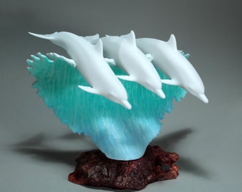 Dolphins Surfing by John Perry 12 inch high Pellucida sculpture from John Perry Studio