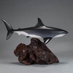 GREAT WHITE SHARK Sculpture by John Perry  15in long on burlwood Statue Decor