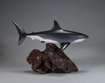 GREAT WHITE SHARK Sculpture by John Perry  15in long on polished burlwood base. Signed.