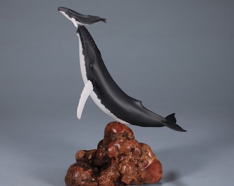 Humpback Whale & Calf Sculpture from John Perry  11in Tall on Polished Burlwood Base. Signed.