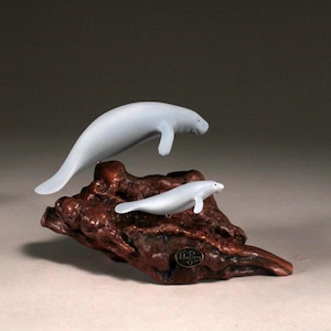 Manatee and Calf by John Perry 7in long Airbrushed sculpture on burlwood base