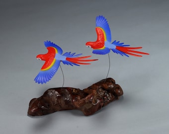 Macaw Parrot DUO Sculpture by John Perry Scarlet 7in long on burlwood base