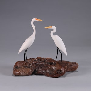 Egret Duo Sculpture by John Perry 5in long Hand painted
