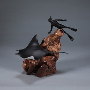 Manta Ray and Diver by John Perry  Snorkeler Sculpture Statue Figurine Art