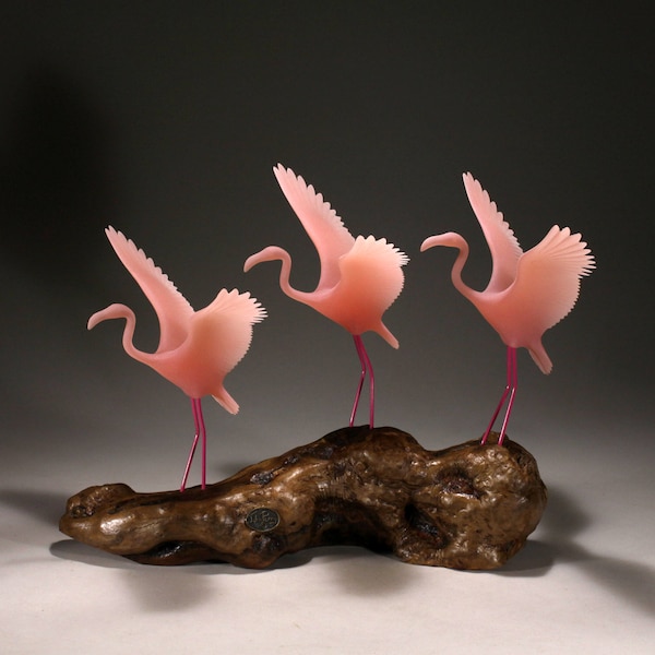 Flamingo Sculpture Trio by John Perry FLYING 11in long On Burlwood Statue