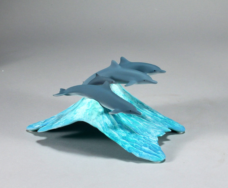 Dolphins Sculpture Decor Figurine by John Perry POD 8in Long Statue Airbrushed on blue wave