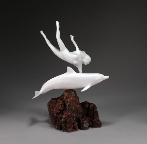 Dolphin and Lady Sculpture by John Perry 15in Tall on Polished
