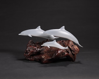 Dolphin Family sculpture by John Perry 10in long airbrushed on polished burl base