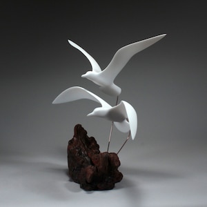 Seagull Sculpture by John Perry DUO 16in wingspan on burlwood. Signed.
